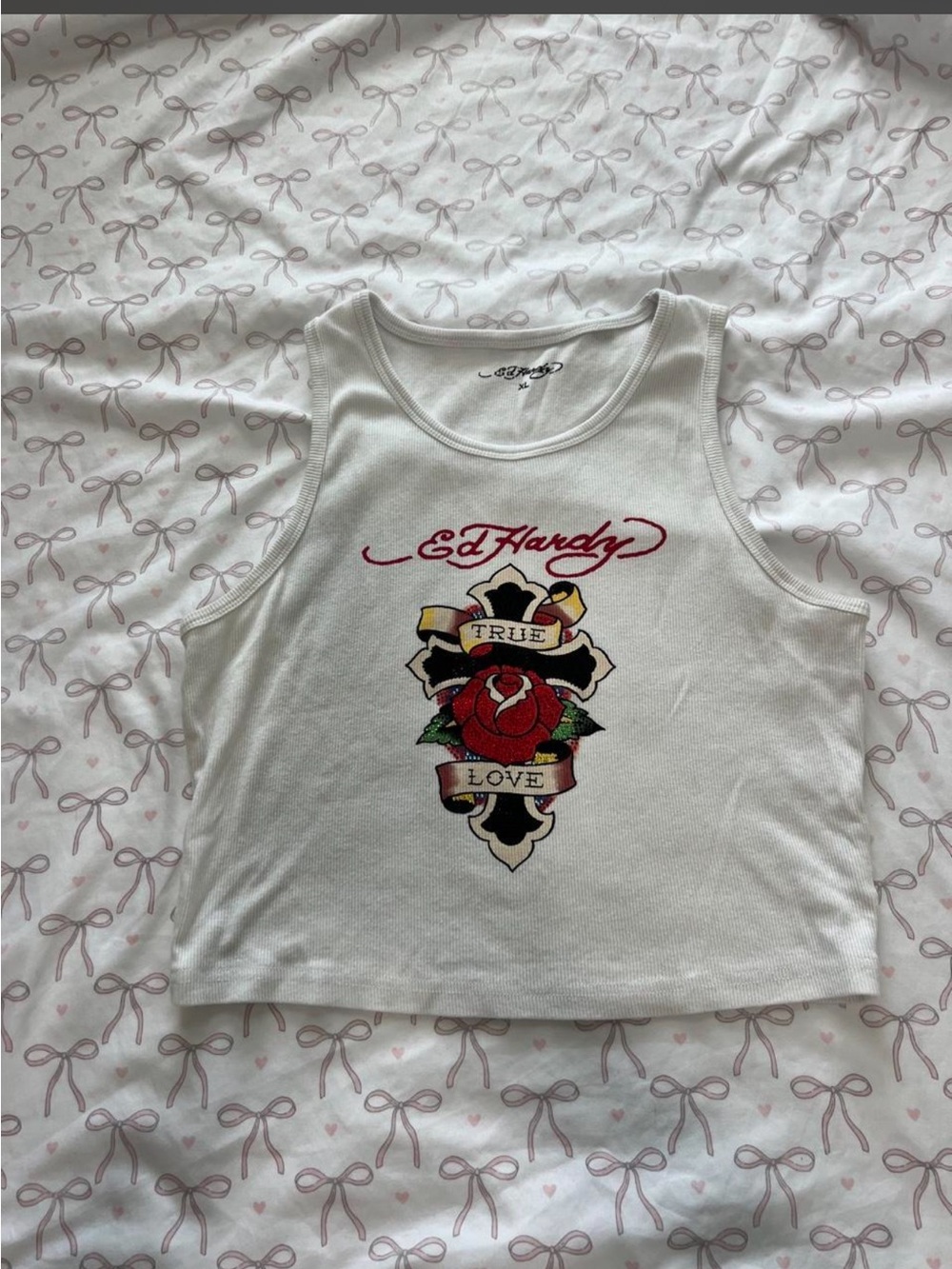 Ed Hardy White Kids Tank Top with Red Rose and Banner Graphic